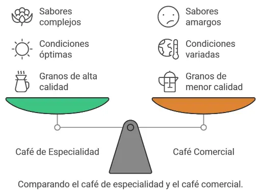 "Comparativa entre café de especialidad y café comercial: sabores complejos, granos de alta calidad y condiciones óptimas frente a sabores amargos, granos de menor calidad y condiciones de cultivo variables.